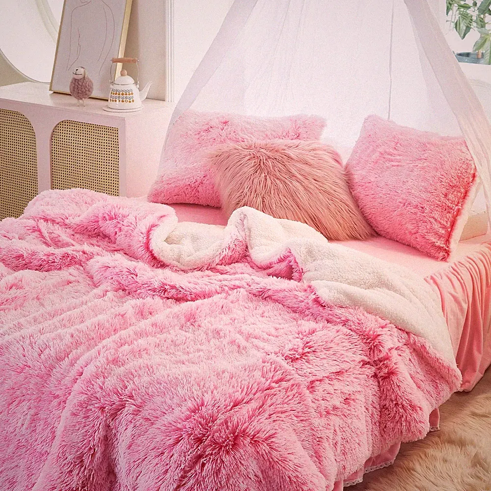 3-Piece Plush Shaggy Comforter Set, Full/Queen Size Luxury Faux Fur Sherpa Rever