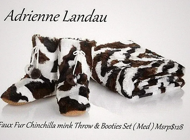 Adrienne Landau Faux Fur Chinchilla mink Throw & Booties Reversible Set Med $128