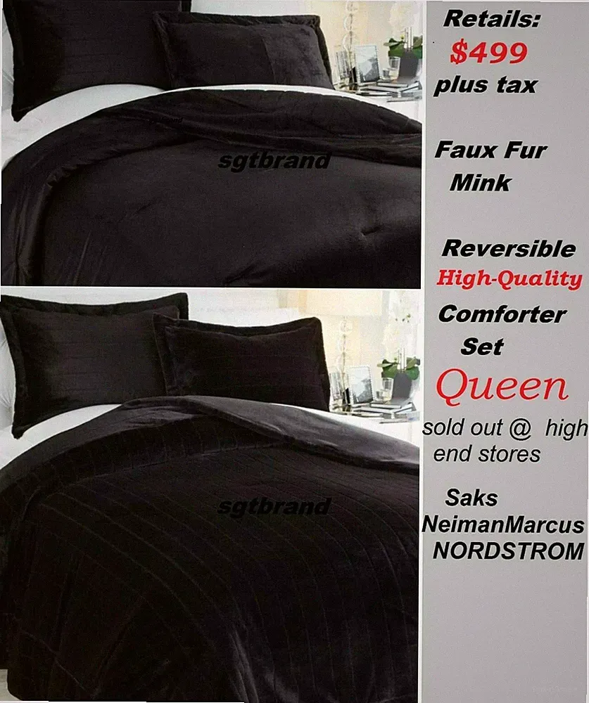 Adrienne Reversible Black MINK Faux Fur Comforter Set high end retail $499 Queen