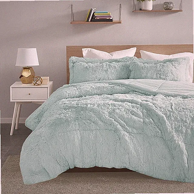 Aqua Blue Plush Faux Fur 3 pc Comforter Set Twin XL Full Queen Cal King Bed Soft