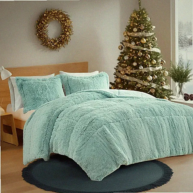 Aqua Blue Plush Fluff Faux Fur 3pc Comforter Set Twin XL Full Queen Cal King Bed