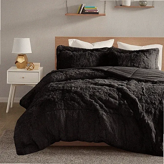 Black Plush Faux Fur Fluffy 3 pc Comforter Set Twin XL Full Queen Cal King Bed