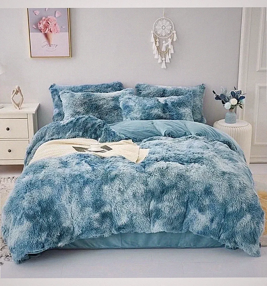 Blue Contrast Faux Fur Duvet Cover Full Size Comforter Bedding Plush Blanket