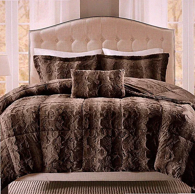 BROWN PLUSH ULTRA FAUX FUR 4pc COMFORTER SET : LUXURY SOFT MINK SHAG BEAR HUG