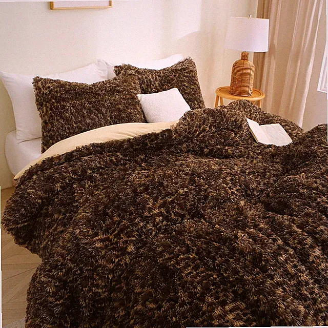 Cheetah Print Fluffy Faux Fur Comforter Set Queen Size, 3 Pieces Brown Leopard P