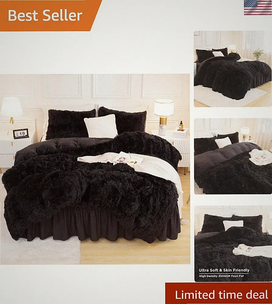 Comforter Full Size Set Black, Fluffy Winter Faux Fur Warm Soft Plush Bedding...