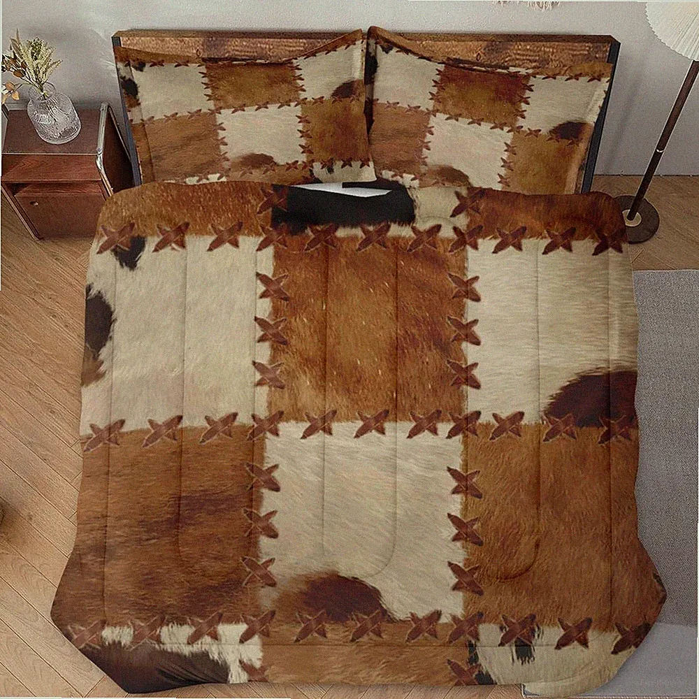 Cowhide Bedding Sets Patchwork Cow Fur Print Comforter Farm Western Comforter