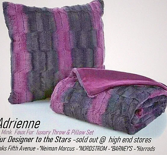 Designer Adrienne Black & Purple Chinchilla Mink Faux Fur luxury Throw & Pillow