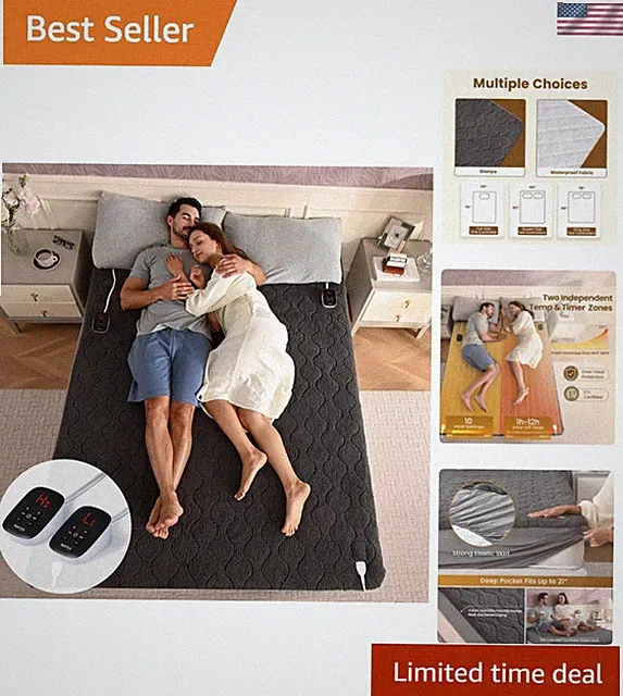 Electric Heated Mattress Pads King Size Dual Controllers 78”×80” Sherpa Bed W...