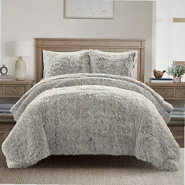 Emma Cozy Soft Fluffy Two Tone Faux Fur Comforter Set, Full/Queen, Gray - Col...