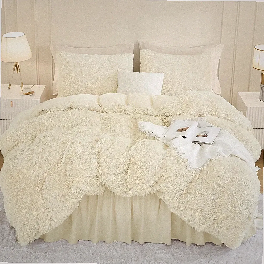 Faux Fur Beige Comforter Set King Size, 3 Pieces Fluffy Fuzzy Plush Bedding Comf