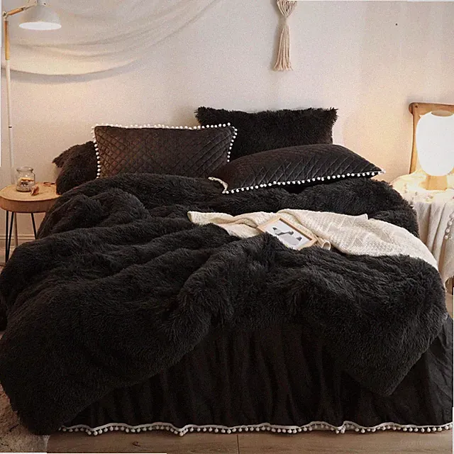 Faux Fur Black Queen Bedding Set Soft Plush Duvet Cover and Pillow Cases