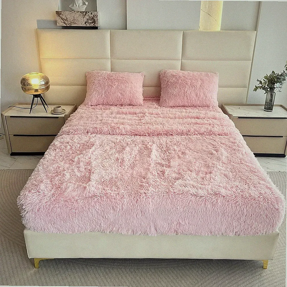 Faux Fur Pink Full Sheet Set Extra Soft Plush Bedding 4 Piece with Pillowcases