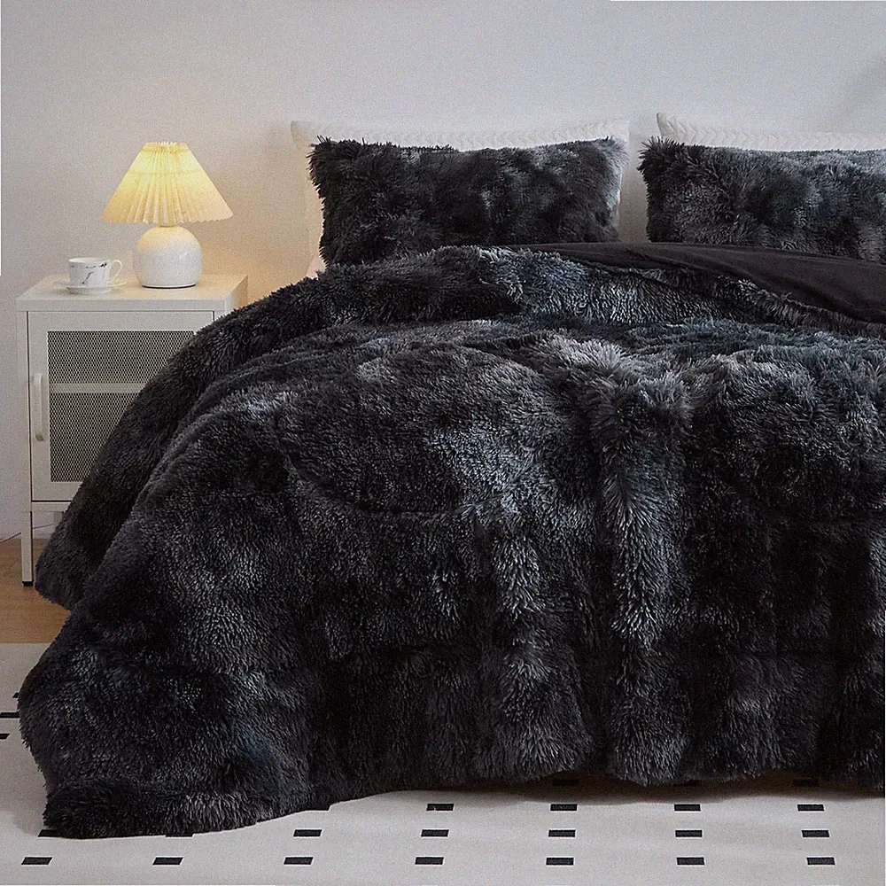 Faux Fur Plush Black Comforter Set Fluffy Fuzzy Shaggy Bedding Set - 3PC Full...