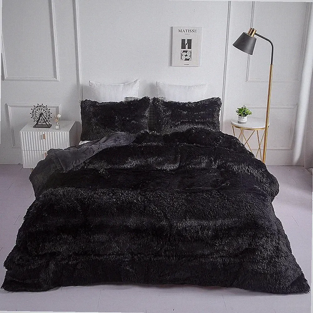 Faux Fur Plush Black Comforter Set King Ultra Soft Shaggy Fluffy 3PC Bedding