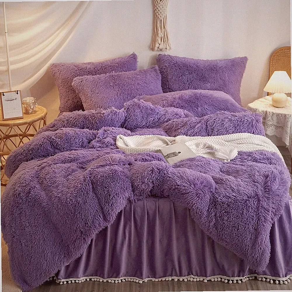 Faux Fur Purple Comforter Cover Queen Set, Soft Fuzzy Plush Purple Bedding Queen