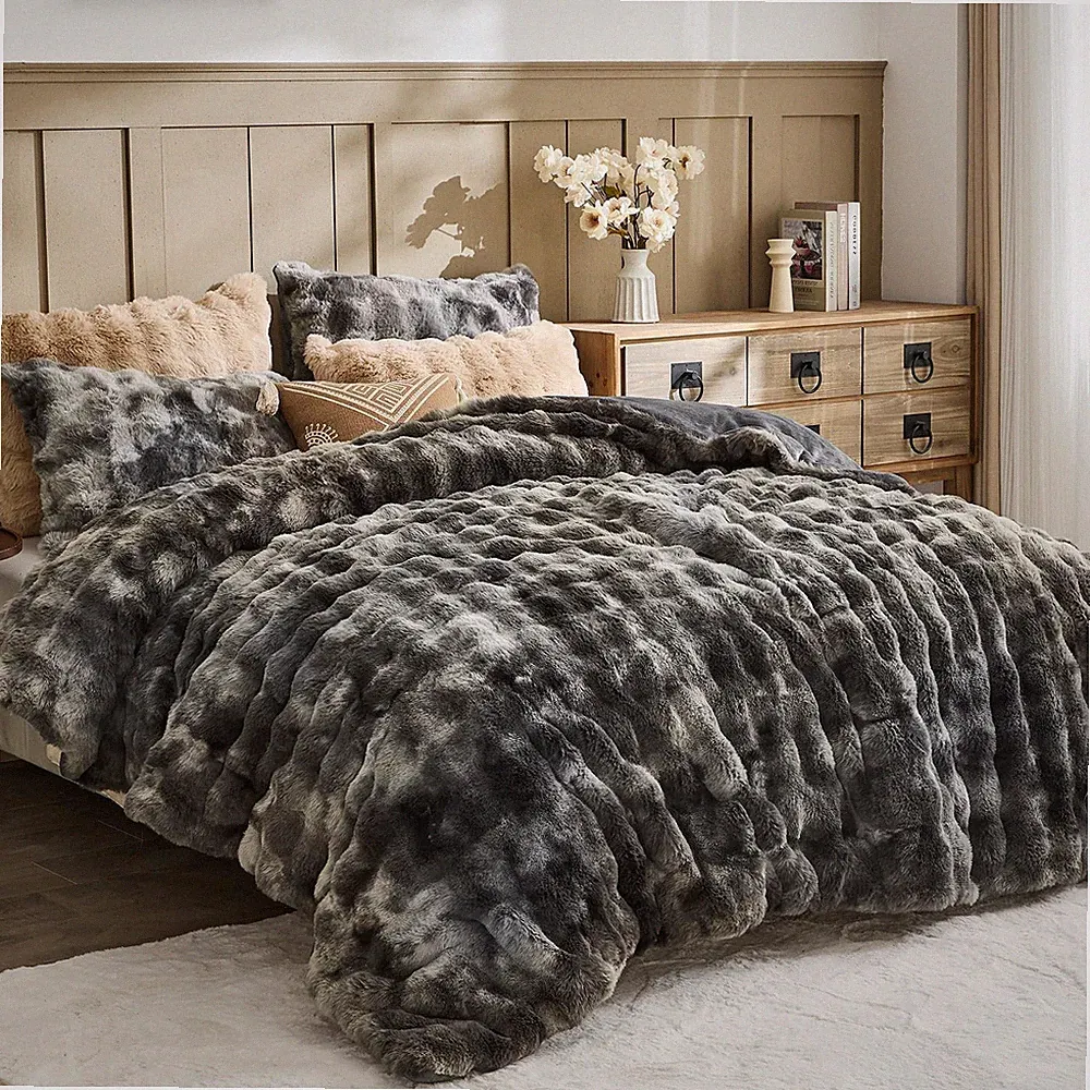 Fluffy Comforter Cover Set - Rabbit Fluff Faux Fur Duvet Cover Full Size Tie-...