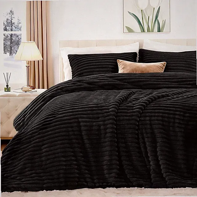 Fluffy Comforter Set Queen Size - Super Soft Faux Fur Stripe Jacquard Comfort...