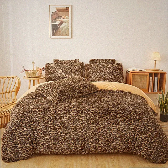 Fluffy Faux Fur Cheetah Comforter Cover Set Queen Ultra Soft Plush Leopard B...