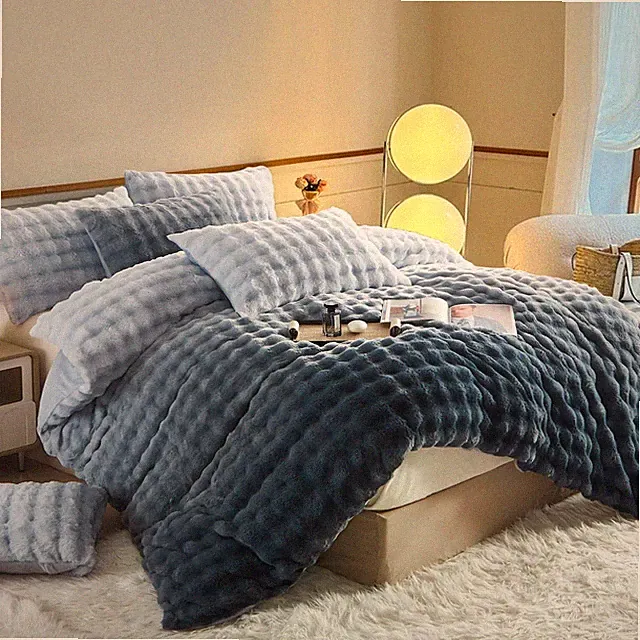 Fluffy Faux Rabbit Fur Duvet Cover Set Queen Size Blue, Luxury Soft Plush Sha...