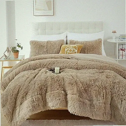 Fluffy Size Comforter Set, Faux Fur Comforter Set, Luxury Fuzzy Full Khaki