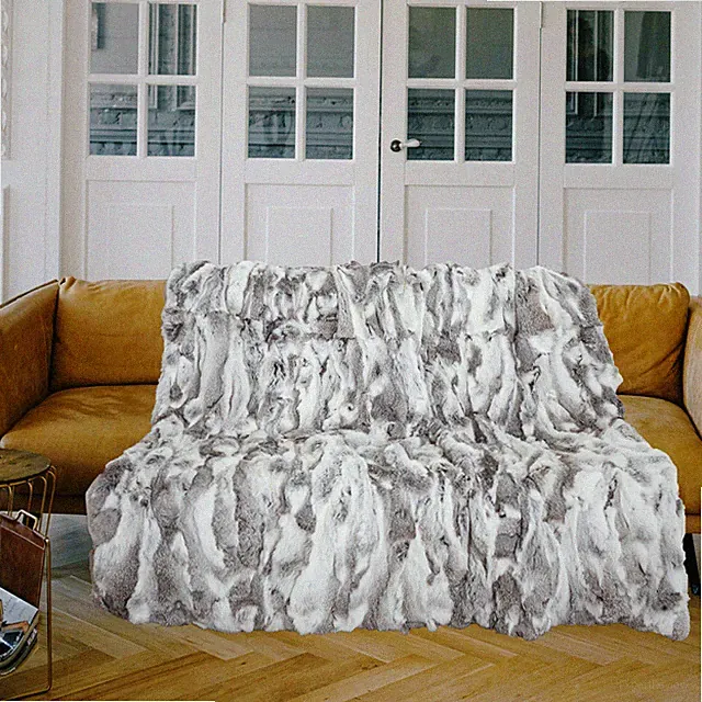 Genuine Rabbit Fur Throw Luxury Warm Blanket Sofa Bedspread Gray White 55inx63in