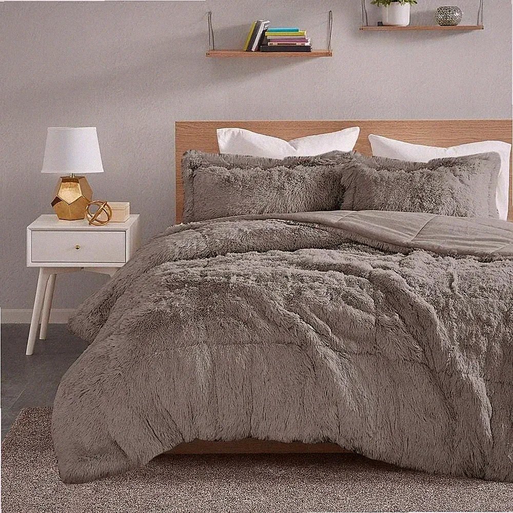 Gray Plush Faux Fur Fluffy 3 pc Comforter Set Twin XL Full Queen Cal King Bed
