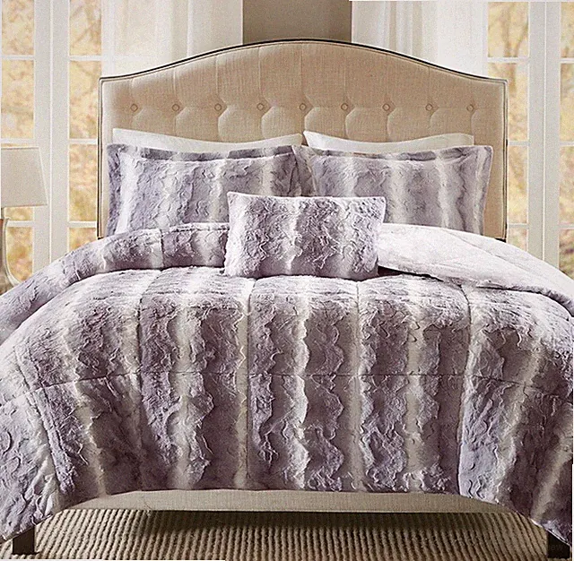 GREY PLUSH ULTRA FAUX FUR 4pc COMFORTER SET : GRAY LUXURY SOFT MINK SHAG BEAR