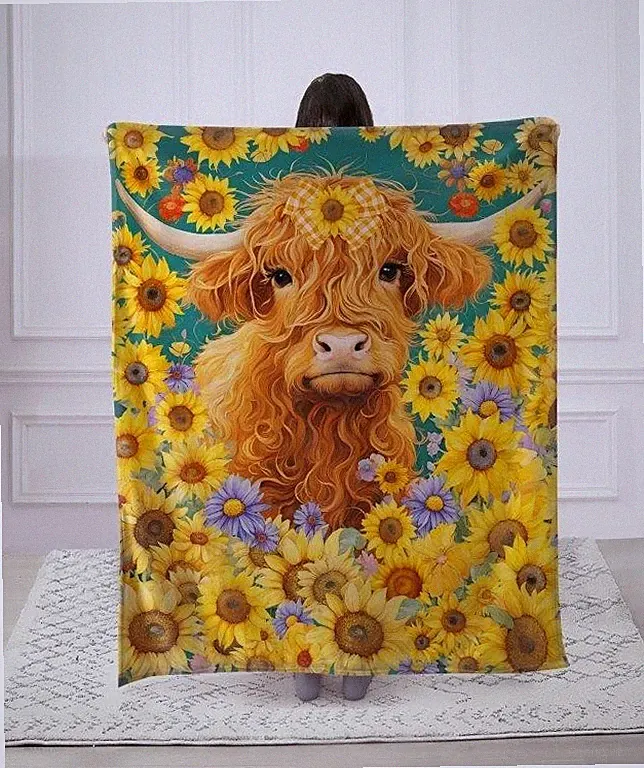 Highland Cow Fun Flowers Cute High Quality Faux Fur Throw Blanket Super Soft