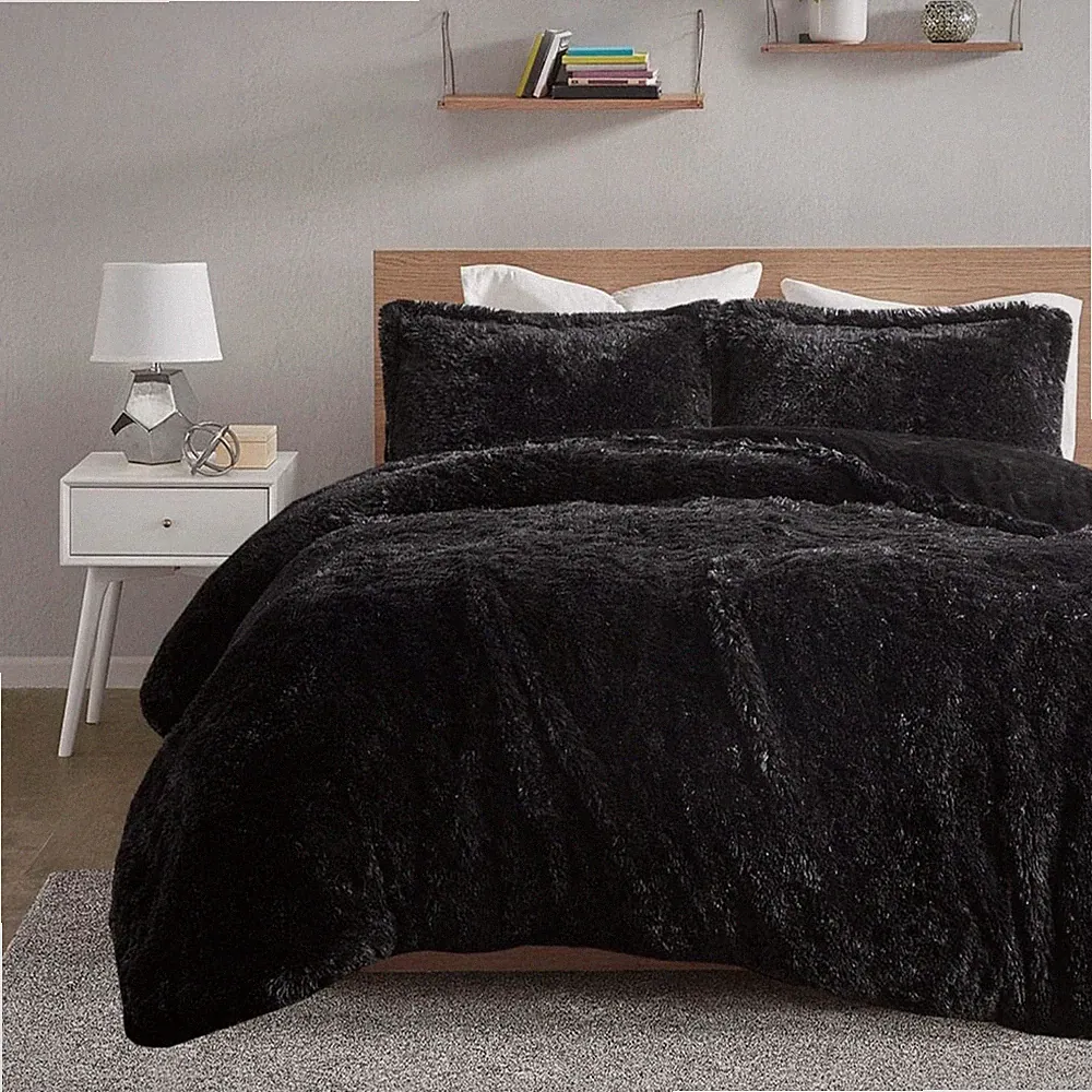 Intelligent Design Shaggy Fur Duvet Cover Set with Quilted Box Design- Black