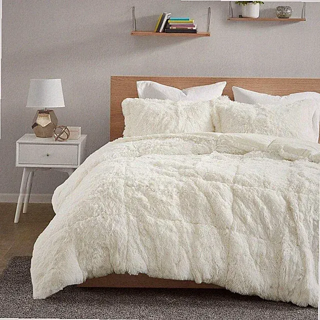 Ivory Plush Faux Fur Fluffy 3 pc Comforter Set Twin XL Full Queen Cal King Bed