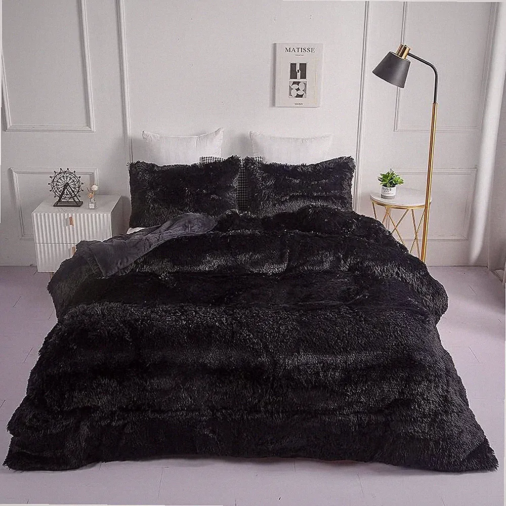 King Black Faux Fur Plush Comforter Set - Ultra Soft 3PC Bedding Set