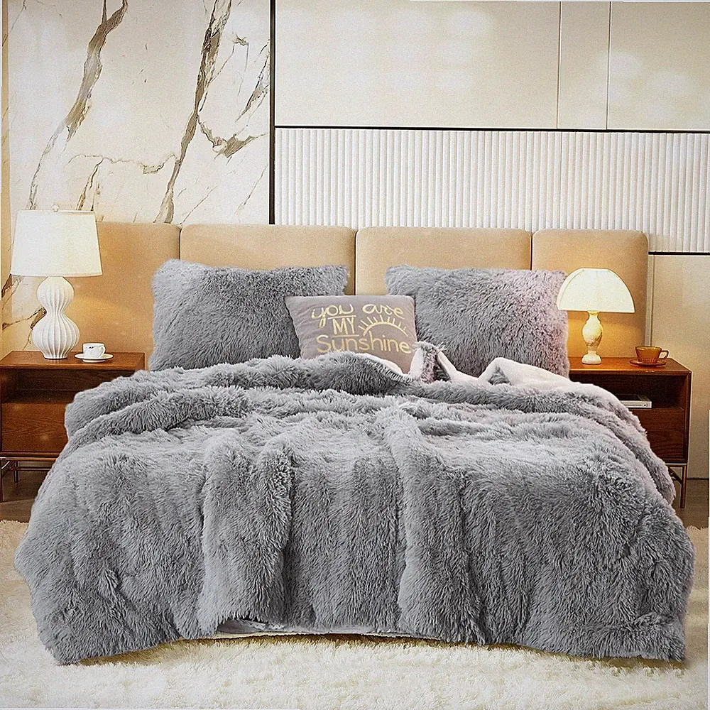 Luxury Faux Fur Shaggy Comforter Set Full/Queen Size, Plush & Sherpa Reversib...