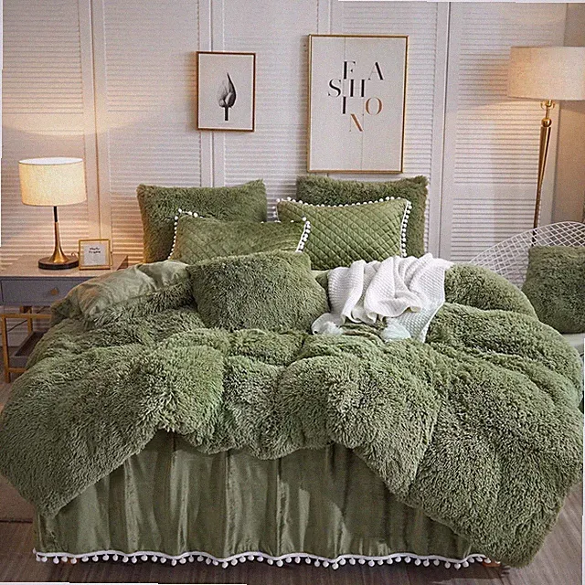 Luxury Plush Shaggy Duvet Cover Set with Faux Fur Pillowcase - Sage Green