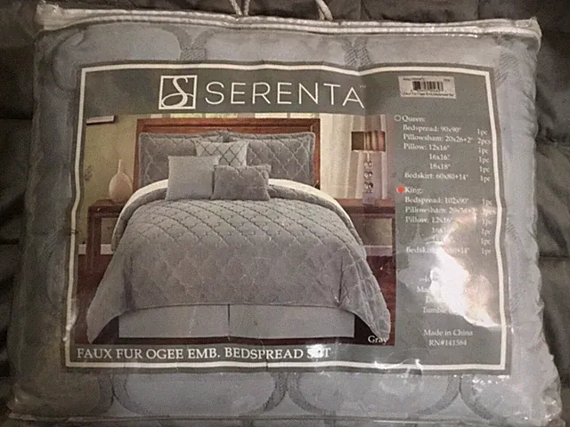NEW Serenta Gray Faux Fur Comforter King Size 7 Piece Set Bedspread