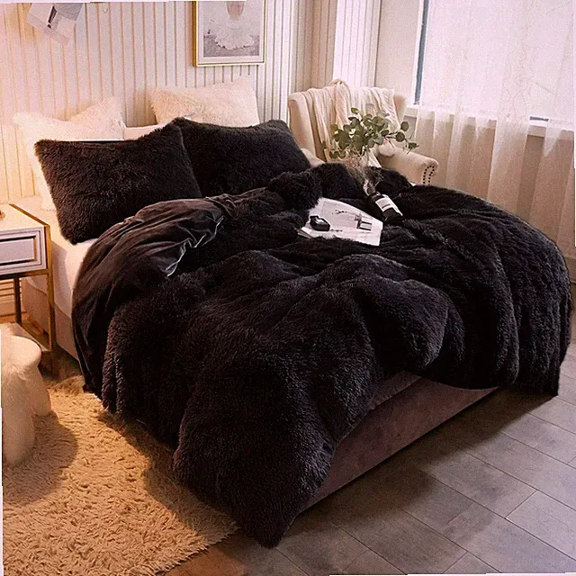 NEW!~ ULTRA SOFT LUXURY PLUSH BLACK FAUX LONG FLUFFY SHAGGY FUR COMFORTER SET