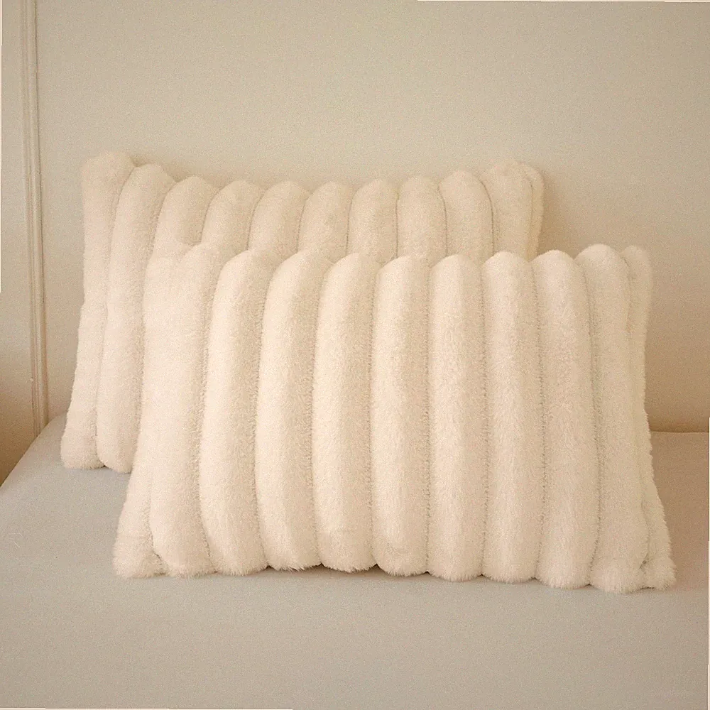 Pack of 2 Fluffy Faux Rabbit Fur Pillowcases, Ivory Striped Plush Fuzzy Bed P...