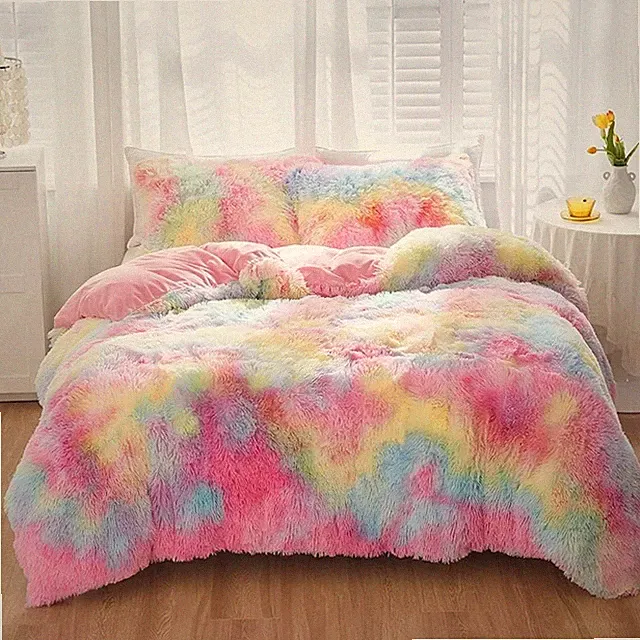 Pink Fluffy Full Size Bedding Sets for Girls Faux Fur Plush Shaggy