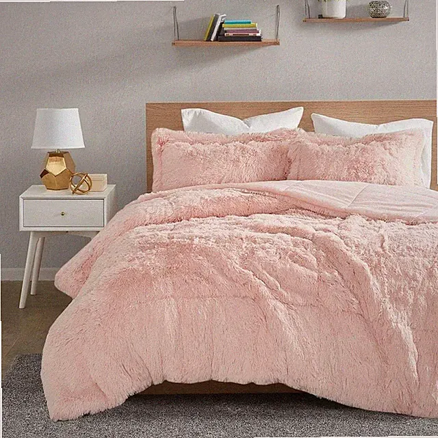 Pink Plush Faux Fur Fluffy 3 pc Comforter Set Twin XL Full Queen Cal King Bed