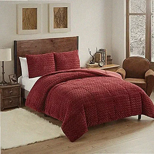 Queen Comforter Set 3 Piece Animal Faux Fur Ultra Soft Bedding King Burgundy