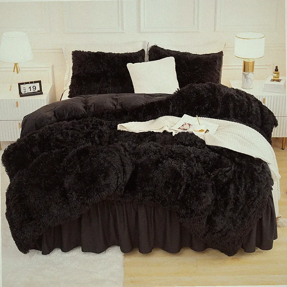 Queen Comforter Set Black Fluffy Winter Faux Fur Warm Soft Plush Bedding Black
