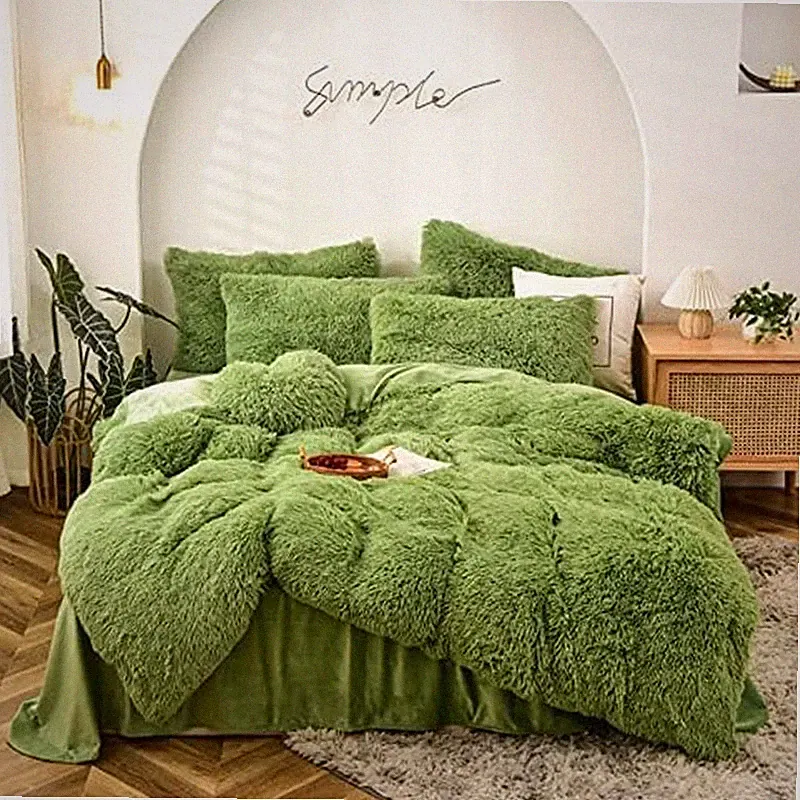 Shaggy Faux Fur Comforter Set Full/Queen Size Green Plush Fuzzy Bedding Set Ultr