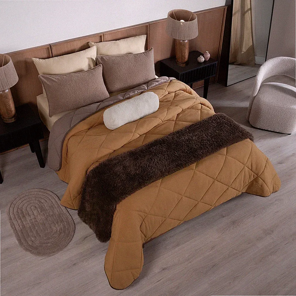 Siena Reversible Comforter Set Faux Fur Trim Diamond Quilt Queen King Bedding