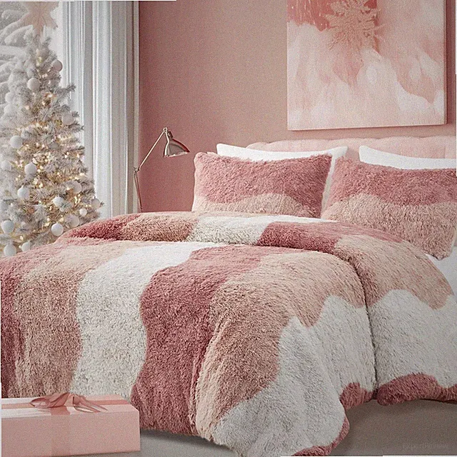 Soft Shaggy Faux Fur Comforter Set Ombre Design Full/Queen 3 Piece Blush