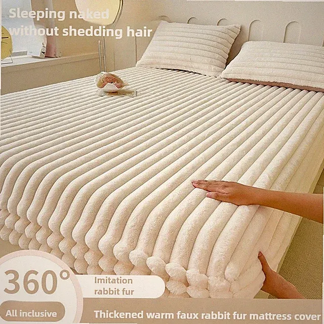 Solid Color Thick Faux Rabbit Fur Mattress Cover Warm Soft Plush Fitted Sheet