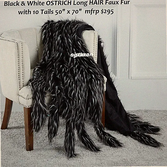 Throw Blanket Black & White OSTRICH Faux Fur w/10 Tails 50" x 70" mfsp $295