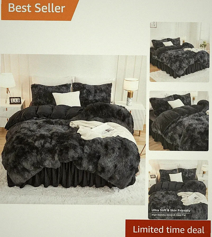 Tie-Dyed Black Grey King Size Comforter 3 Piece Faux Fur Bedding Set