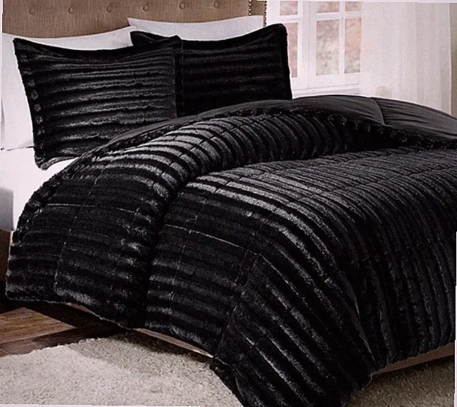 ULTRA PLUSH BLACK FAUX FUR 3pc COMFORTER SET : LUXURY SOFT MINK SHAG BEAR HUG